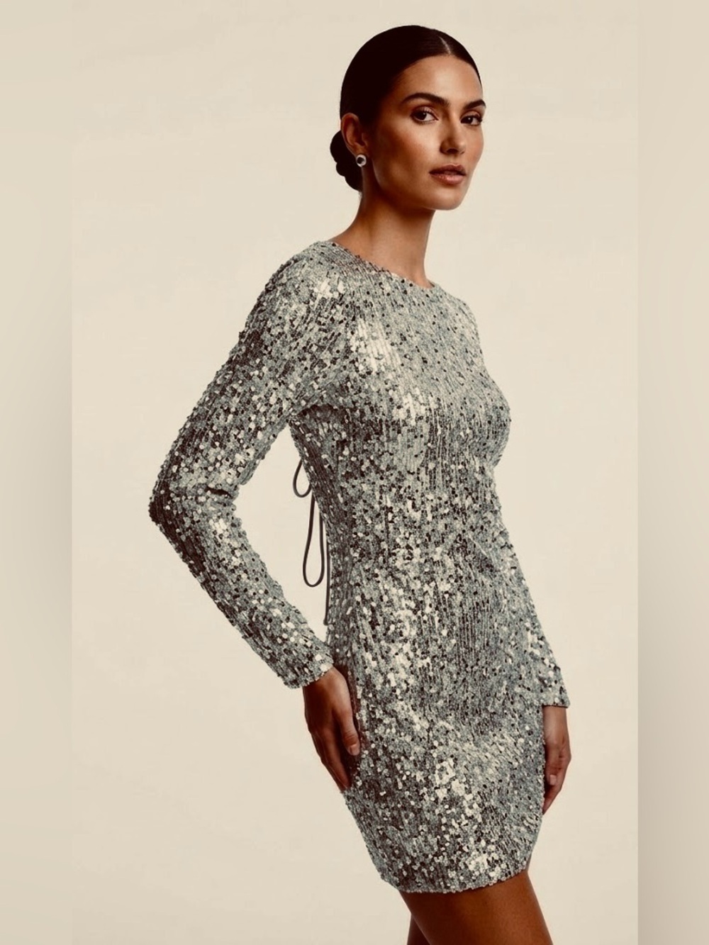 A.C.W Silver Sequin Long Sleeve Sheath Mini Party Dress Size Large